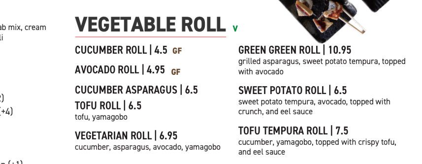Vegan Sushi in Phoenix Metro Area (Gilbert) vegan sushi rolls items listing from Zu Lzakaya Asian Kitchen.
