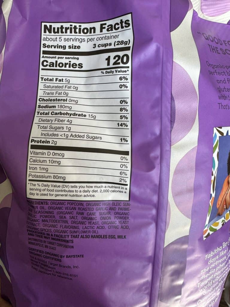 Tabitha Brown popcorn back label with ingredients list