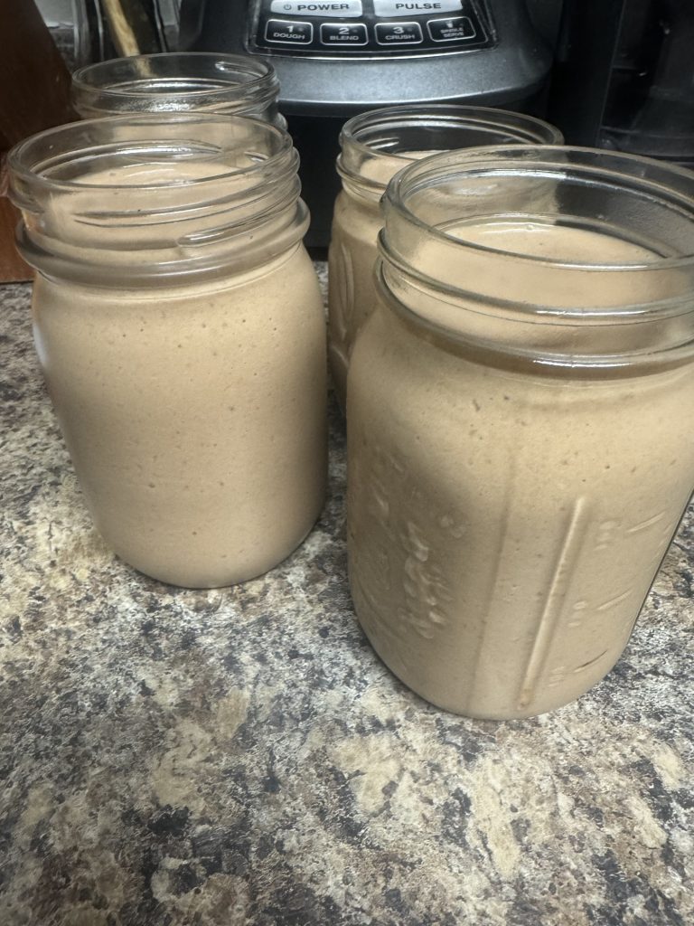 Vegan chocolate smoothie with protein powder and picture of ingredients